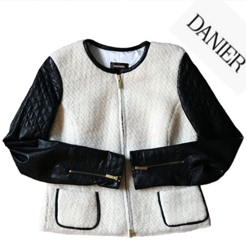 DANIER LEATHER WOOL BLEND ZIPPER JACKET CREAM SZ S​